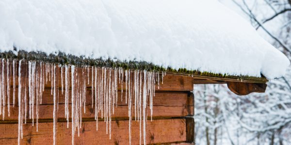 Icicles on gutters, with snowy roof
